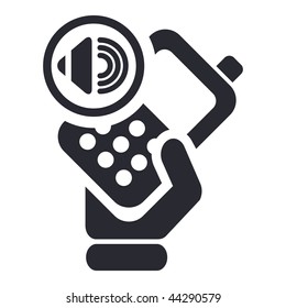 Vector illustration of icon isolated in a modern style, depicting a hand holding a mobile phone with the audio symbol