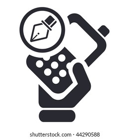 Vector illustration of icon isolated in a modern style, depicting a hand holding a mobile phone with the drawing symbol