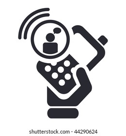 Vector illustration of icon isolated in a modern style, depicting a hand holding a mobile phone with the chat symbol
