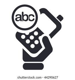 Vector illustration of icon isolated in a modern style, depicting a hand holding a mobile phone with the text symbol