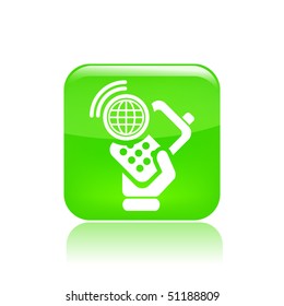 Vector illustration of icon isolated in a modern style, depicting a hand holding a mobile phone with the world symbol