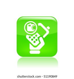 Vector illustration of icon isolated in a modern style, depicting a hand holding a mobile phone with the photo symbol