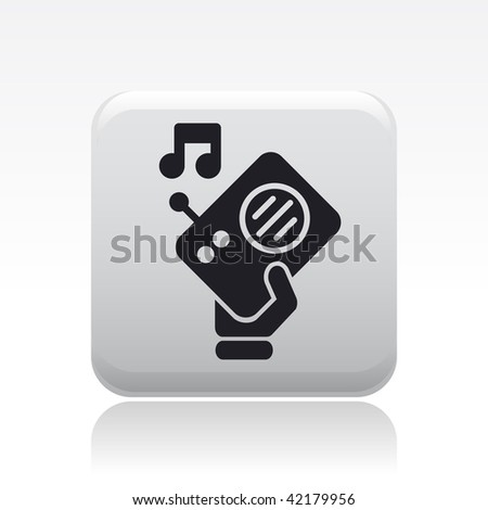 Vector illustration of icon isolated in a modern style, depicting a hand holding a radio with symbol of music