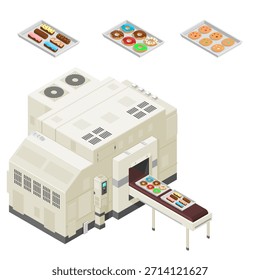 A vector illustration icon of an isometric Bakery processing plant machine. Industrial technology depicting baked confectionery goods