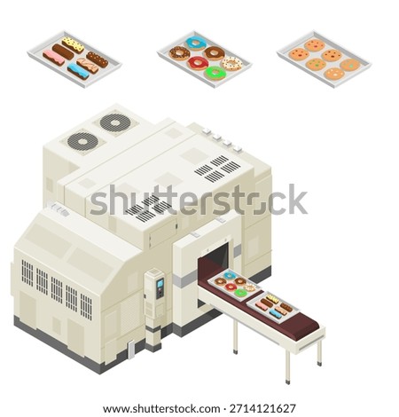 A vector illustration icon of an isometric Bakery processing plant machine. Industrial technology depicting baked confectionery goods