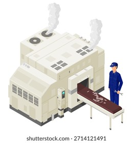 Um ícone de ilustração vetorial de uma máquina de fábrica quebrada isométrica sendo corrigida. Tecnologia industrial que representa máquinas quebradas.