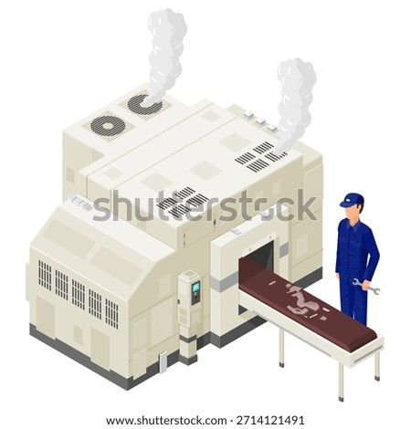 A vector illustration icon of a isometric broken factory machine being fixed. Industrial technology depicting broken machinery.