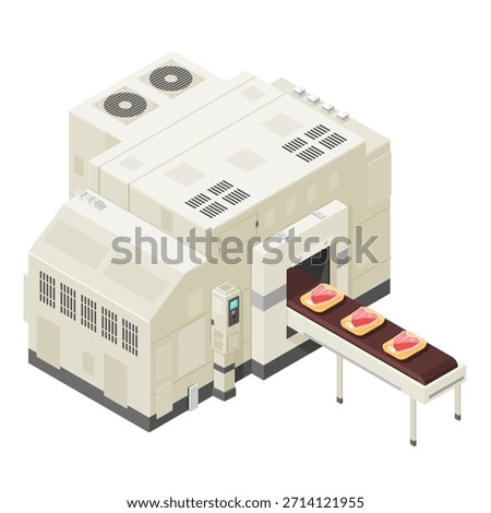 A vector illustration icon of an isometric Meat processing plant machine. Industrial technology depicting the meat - producing and packing industry.