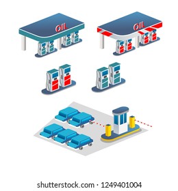 A vector illustration icon of an isometric retro Gas Station and BARRIER GATE. Isometric Retro Gas Station.