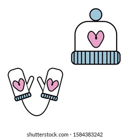 vector illustration of icon knitted hat and mittens with heart. Black line on white background 