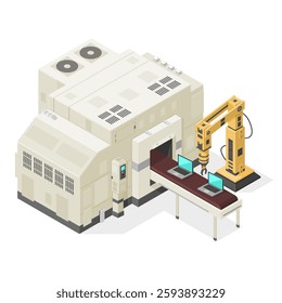 Vector Illustration Icon of Large Isometric Industrial Factory Processing plant Assembly Line Machine. Technology depicting Hi-Tech Computers With Production and Packaging Robot Arm