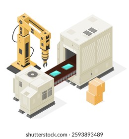 Vector Illustration Icon of Large Isometric Industrial Factory Processing plant Assembly Line Machine. Technology depicting Hi-Tech Smart Device With Production and Packaging Robot Arm
