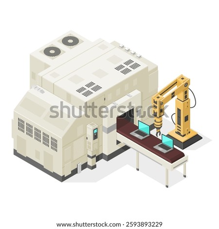 Vector Illustration Icon of Large Isometric Industrial Factory Processing plant Assembly Line Machine. Technology depicting Hi-Tech Computers With Production and Packaging Robot Arm