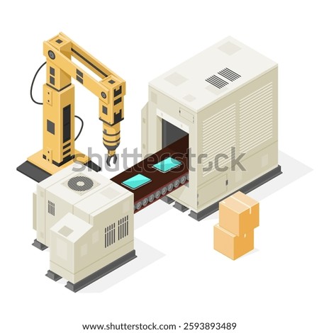 Vector Illustration Icon of Large Isometric Industrial Factory Processing plant Assembly Line Machine. Technology depicting Hi-Tech Smart Device With Production and Packaging Robot Arm