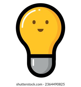 Vector illustration of icon of a light bulb with a face of happiness and joy. Idea and creativity. Concept of logic.