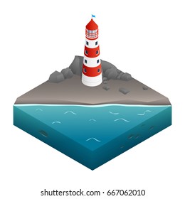 Vector illustration. Icon lighthouse on a rocky shore, on the ocean. Isometric. 3D