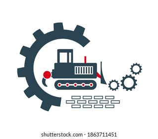 Vector illustration of the icon and logo of a bulldozer of special equipment for construction work of enterprises and organizations. Tractor equipment.