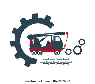 Vector illustration of the icon and logo of a crane of special equipment for construction work of enterprises and organizations. Automotive engineering.