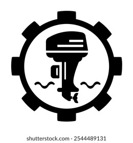 Vector illustration, icon, logo of an outboard boat motor and gears. Isolated on a white background.