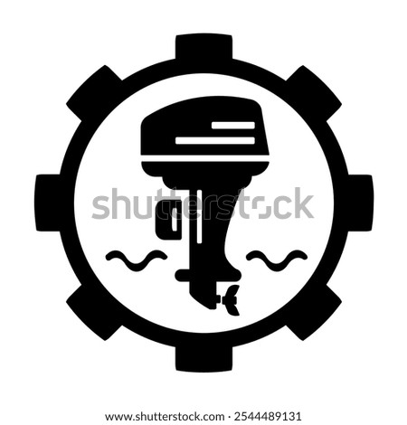 Vector illustration, icon, logo of an outboard boat motor and gears. Isolated on a white background.