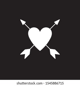 Vector illustration, icon for love, wedding, dating, valentine greeting card design. Heart pierced by an arrows icon flat. Romance elements. White symbol illustration isolated on grey background.