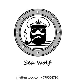 vector illustration of a icon of a man in a cap and striped vest, captain of a ship in sunglasses and smoking a pipe