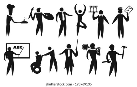 Vector illustration of icon man in different jobs and professionals. Isolated black and white icon set.