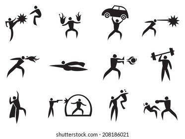 Vector illustration of icon man with different super power. Black and White icon set.