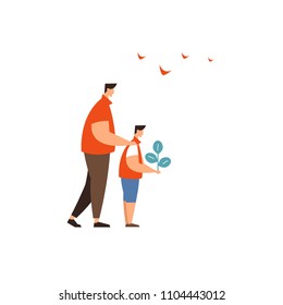 Vector illustration icon man and kid holding plant. The concept of environmental protection