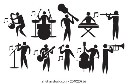 Vector illustration of icon man playing different musical instruments.