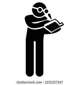 Vector illustration of the icon of a man wearing glasses who is writing with a pencil in a book in a standing position.