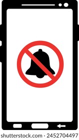 vector illustration icon mobile phone or smartphone in mute mode, of a drawing of a blocked bell signs