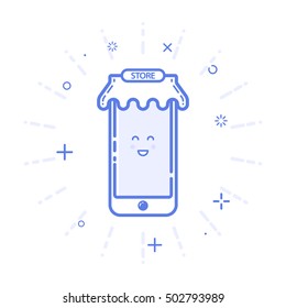 Vector illustration of icon mobile phone, store concept with awning in line style. Linear blue gift or bounty. Design for internet, promotion banner, web page and mobile app. Outline object e-commerce