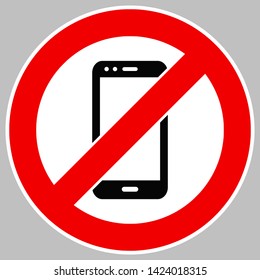 Vector illustration icon of mobile smartphone prohibition sign. No telephone use allowed red sign isolated on white background