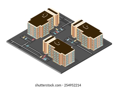 A vector illustration icon of modern apartment with car park and cars. Isometric Apartment Complex. Isometric Modern Apartment Buildings.