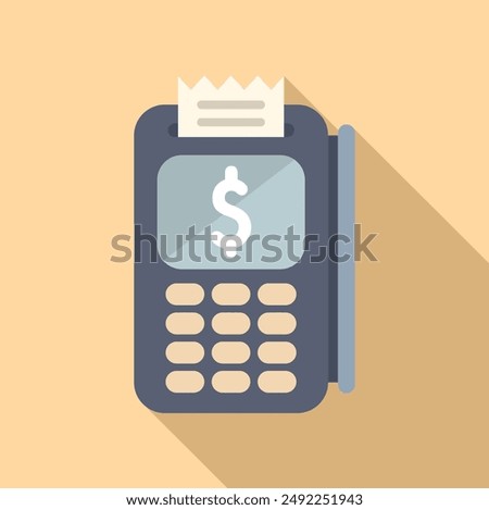 Vector illustration icon of a modern calculator displaying a dollar sign, casting a shadow on a beige background