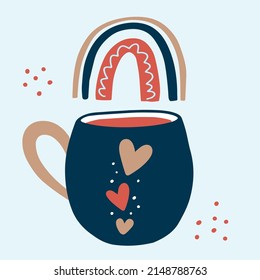 Vector illustration. Icon of mug with rainbow. Design element for poster, banner, icon, label, flyer, badge, advertising, graphic tee, sticker, print.