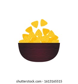 Vector illustration, icon of nachos or tortilla chips in big wooden bowl.
