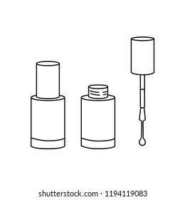 Vector illustration icon of nail polish  bottles (opened and closed) with big brush and drop of polish. Black line silhouette, white background
