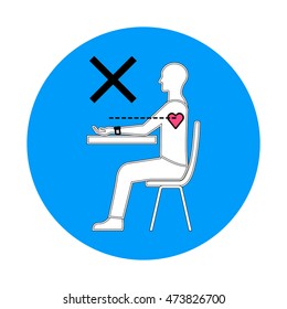 vector illustration icon is not the correct position of the hands at the wrist blood pressure measurement on a blue background