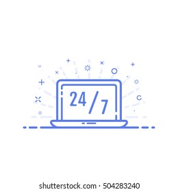 Vector illustration of icon online shopping concept in line style. Linear blue lap top with text 24 7. Design for internet, banner, web page and mobile app. Outline object e-commerce.