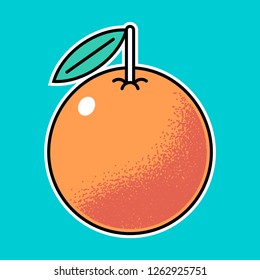 Vector illustration, icon of orange fruit. Sticker style with grain texture. On blue background.