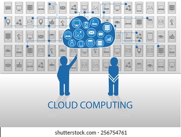 Vector illustration of icon persons for cloud computing. Person explaining cloud computing to another person to answer questions on how it works