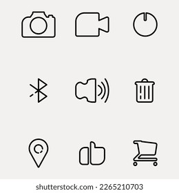 Vector illustration Icon photo, camera, power, bluetooth, speaker, icon trash can, location marker, okay and troly. Vector set bundle god for business. 