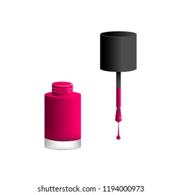Vector illustration icon of pink nail polish with big brush and drop of polish