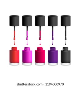 Vector illustration icon of pink, red, purple, violet, black nail polish with big brushes and drops of polish