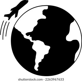 vector illustration icon of a plane and planet earth, in concept of traveling the world. Drawn in black and white