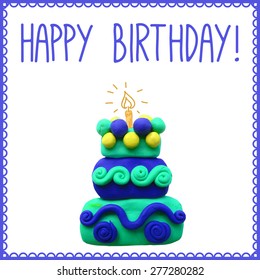 Vector illustration. Icon of plasticine birthday cake on white background. Design for your birthday card