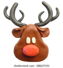 Vector illustration. Icon of plasticine Reindeer Rudolph isolated on white background. 