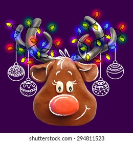 Vector illustration. Icon of plasticine Reindeer Rudolph with Garland and Christmas balls